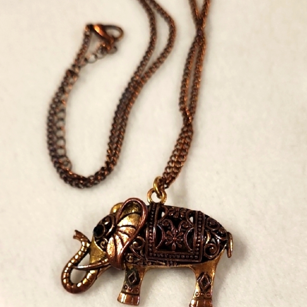 Brown, Gold Copper Jewelry Elephant Pendant Necklace with Intricate Detailing - Picture 2 of 7